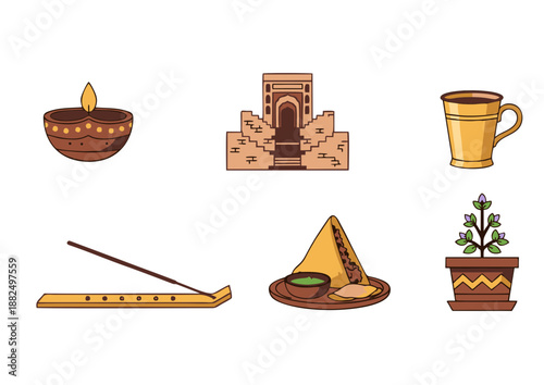 indian culture and tradition elements icon set vector