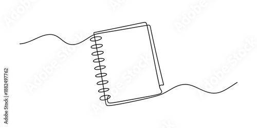 Single continuous line drawing of a spiral-bound notebook in a minimalist art style Vector, illustration