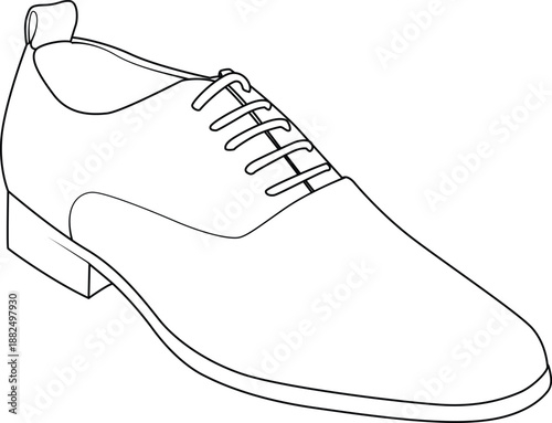 Angled side view outline of a men's formal leather shoe. Vector line art of classic business footwear with laces isolated on white background. Elegant office style.