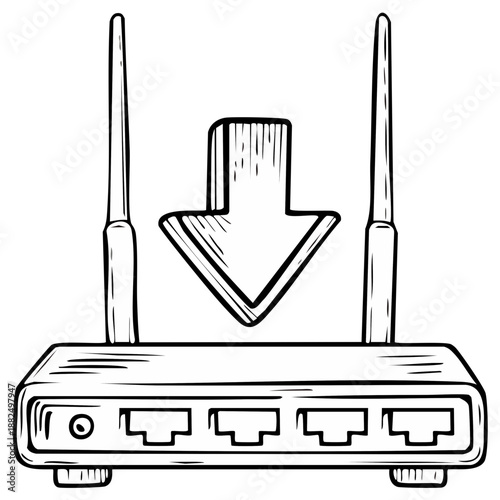 Router device illustration with download arrow indicating data transmission and wireless network connectivity with antenna and ports
