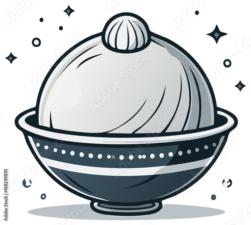 Stylized serving dish of food with a decorative top, and whimsical elements