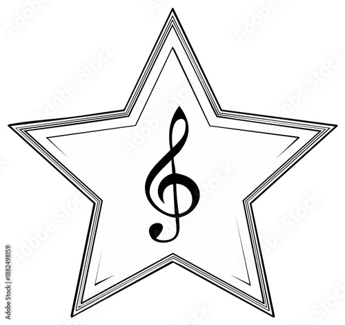 Stylized Star with a Treble Clef Musical Symbol Inside Black and White Illustration