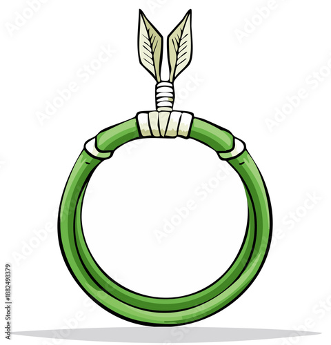 Green bamboo hoop decorated with leaves and wrapped binding for sports or games