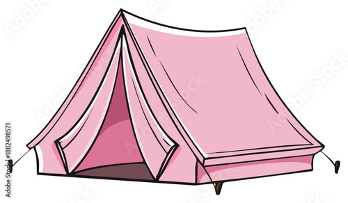 Pink tent cartoon style, camping outdoors illustration