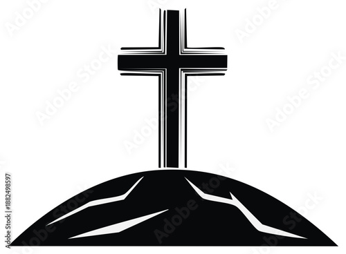 Silhouette Cross on a Hill Religious Symbol on a White Background Symbol of Hope and Salvation