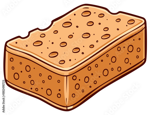 Vibrant cartoon illustration of a porous orange cleaning sponge, household washing tool