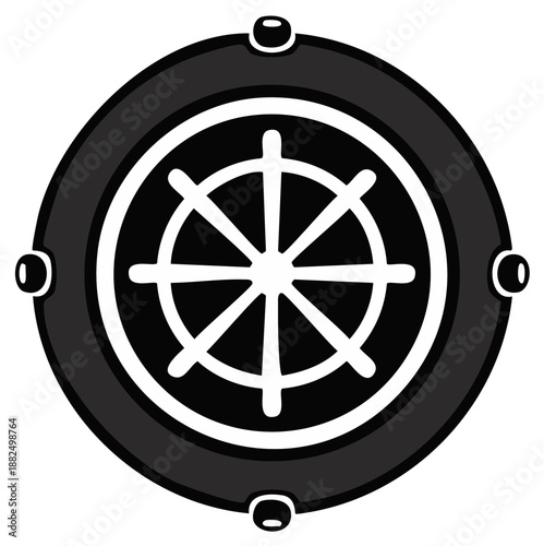 Graphic ship wheel helm porthole frame black and white vector illustration