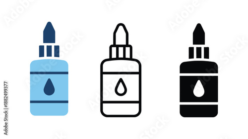 Three dropper bottles in different colors on a white background
