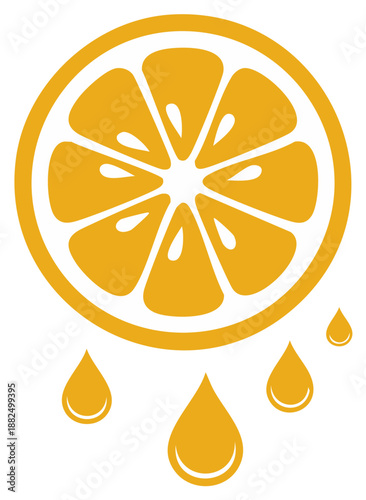 Orange slice illustration with juice drops, fresh citrus fruit graphic design.