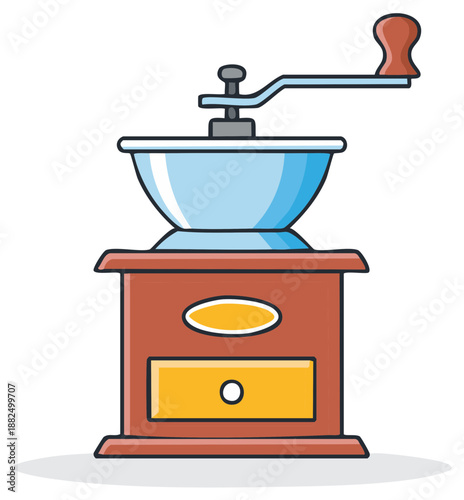 Quaint Manual Coffee Grinder Isolated on White Backdrop with Wooden Base and Blue Bowl