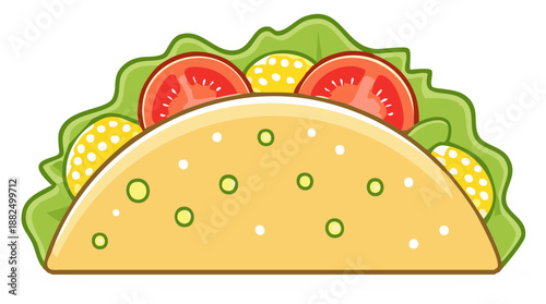 Cartoon taco icon with lettuce and tomato. Mexican fast food vector illustration.