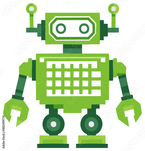 Friendly green cartoon robot character with antennae and claws vector illustration