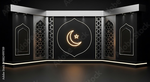 Modern black and gold 3D virtual studio set with glowing crescent moon and star for Islamic broadcast programs