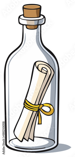 Glass bottle with cork stopper containing a rolled up parchment message tied with yellow ribbon