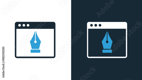 A graphic designer working on a website with a pen nib icon