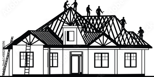 Black and white silhouette illustration of residential house construction with workers on roof structure isolated on white background for architecture,