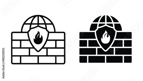 Two black and white icons of a shield with a flame on a brick wall background