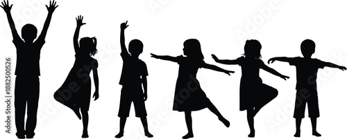 Black and white silhouette illustration of six children dancing and moving in dynamic energetic poses isolated on a white background,