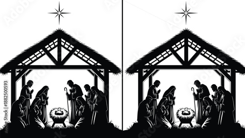 Black, and, white, Christmas, nativity, scene, silhouette, with, baby, Jesus, in, manger, holy, family, star, Bethlehem, religious, holiday, card, illustration, design.
