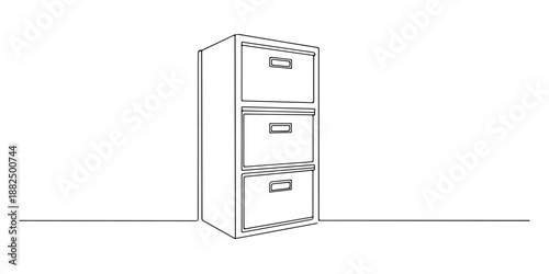 Continuous one line of a filing cabinet, symbolizing organization, data, and business structure, drawn vector illustration.
