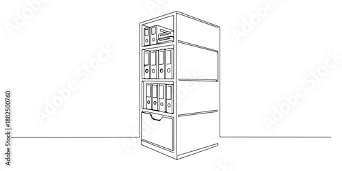 Continuous one line of a filing cabinet, symbolizing organization, data, and business structure, drawn vector illustration.