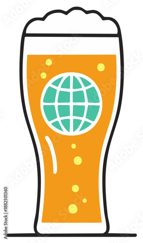 Glass of Amber Beer with a Teal Globe Icon and Bubbles