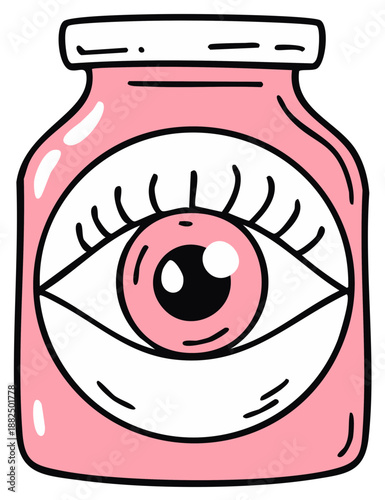 Cartoon-style pink jar with an eye, all-seeing eye concept, vector illustration