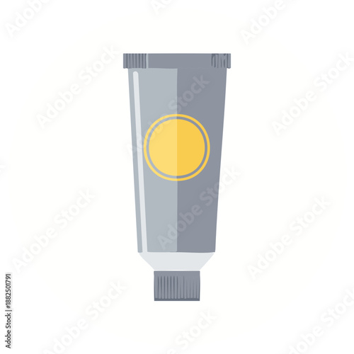 Gray squeeze tube with yellow circular label and textured cap