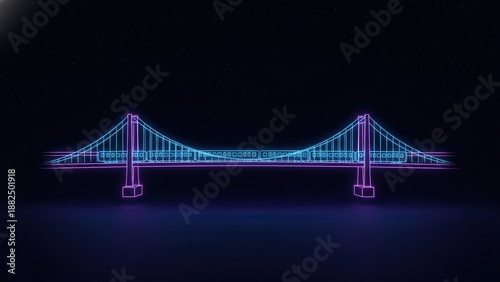 Vibrant neon illuminated suspension bridge with a glowing train across a dark starry night sky