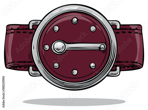 Stylized Drawing of a Wristwatch with a Burgundy Face, Steel Casing, and Leather Strap in a Retro Cartoon Style