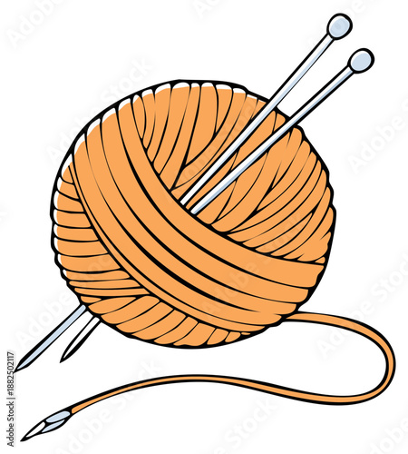 Orange ball of yarn with knitting needles vector illustration