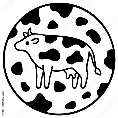 Cartoon cow illustration inside of a spotted circle icon.