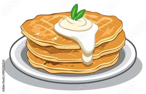 Stack of delicious golden waffles with creamy topping and green garnish on a plate, food illustration.