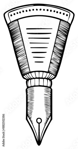 Retro fountain pen nib and section detailed line art illustration