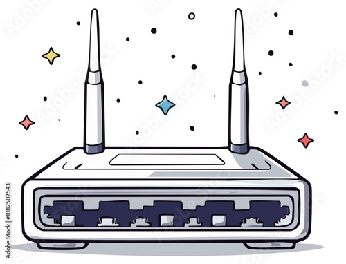 Cartoon Style Illustration of Modern WiFi Router with Antennas and Colorful Star Graphics