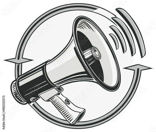 Megaphone icon with sound wave and circular arrow graphic for announcement or broadcasting