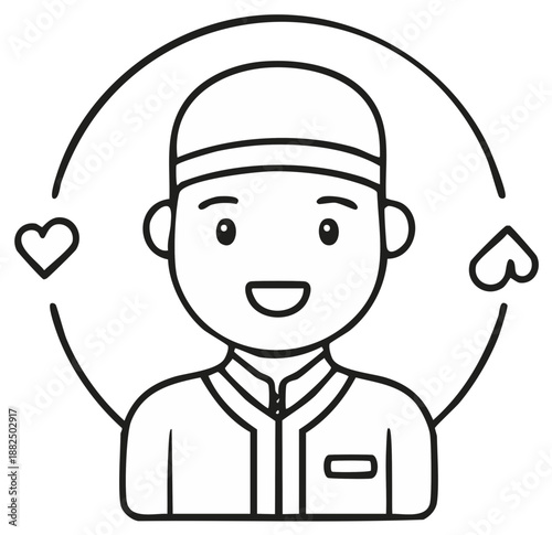 Smiling Muslim man wearing kufi cap surrounded by hearts and circle outline