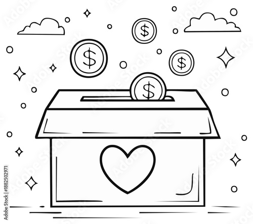 Illustration of a donation box with coins falling into it and a heart symbol