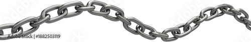 A section of a metal industrial chain with shiny silver links rendered in a realistic 3D style curving in a gentle wave motion across the frame steel strong security connected transparent background