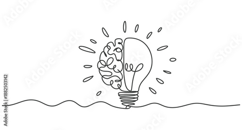 abstract line art of brain with lightbulb symbolizing creativity and innovation, idea concept, inspiration, intelligence, modern conceptual illustration.