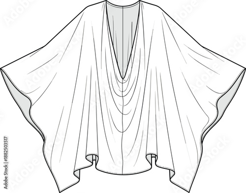 Flowing draped poncho fashion illustration, flat sketch vector showing batwing sleeves, waterfall neckline, elegant womens cape top design technical drawing