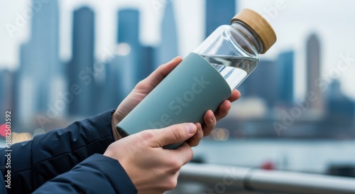 Person holds reusable glass water bottle with wooden cap against blurred metropolitan skyline
