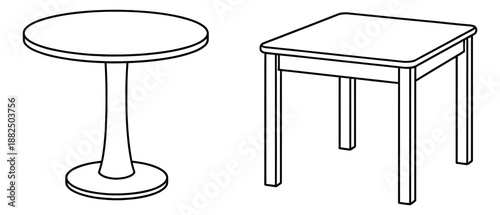 Hand drawn table set featuring a round pedestal table and a square four-legged table for home and restaurant interiors