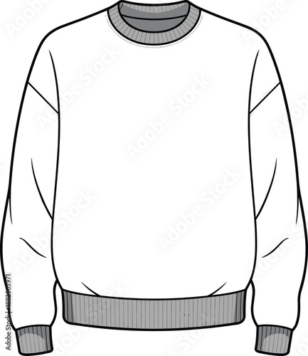 Men’s crewneck sweatshirt vector illustration, long sleeve sweater, ribbed cuffs hem, technical fashion sketch, apparel design template, clothing mockup garment