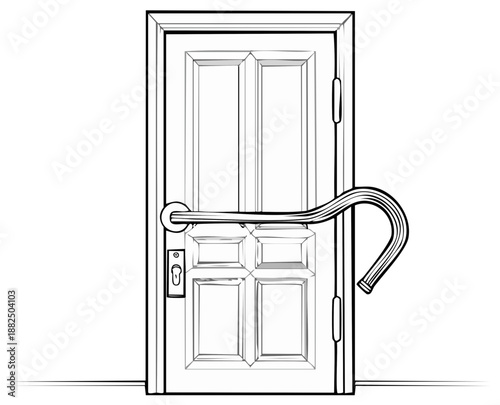 Cartoon depiction of a door held shut with a bent metal bar, line art