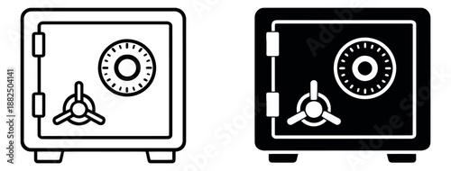 Line art and glyph safe icon set featuring a strongbox with a combination lock for valuables protection and financial security