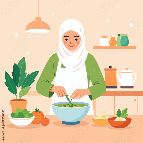 Woman in hijab preparing a healthy salad in a modern kitchen.