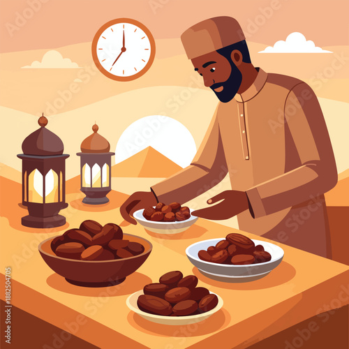 Man preparing dates for iftar during Ramadan in desert landscape.