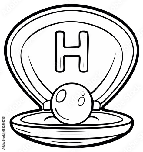 Letter H alphabet coloring page with an open clamshell and a pearl for kids education