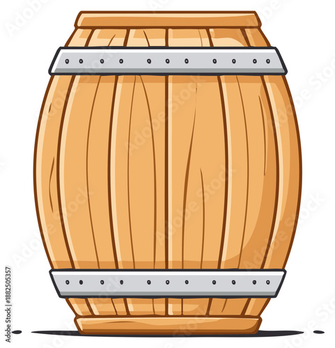 Cartoon wooden barrel with metal hoops for liquid storage or aging isolated on a white background
